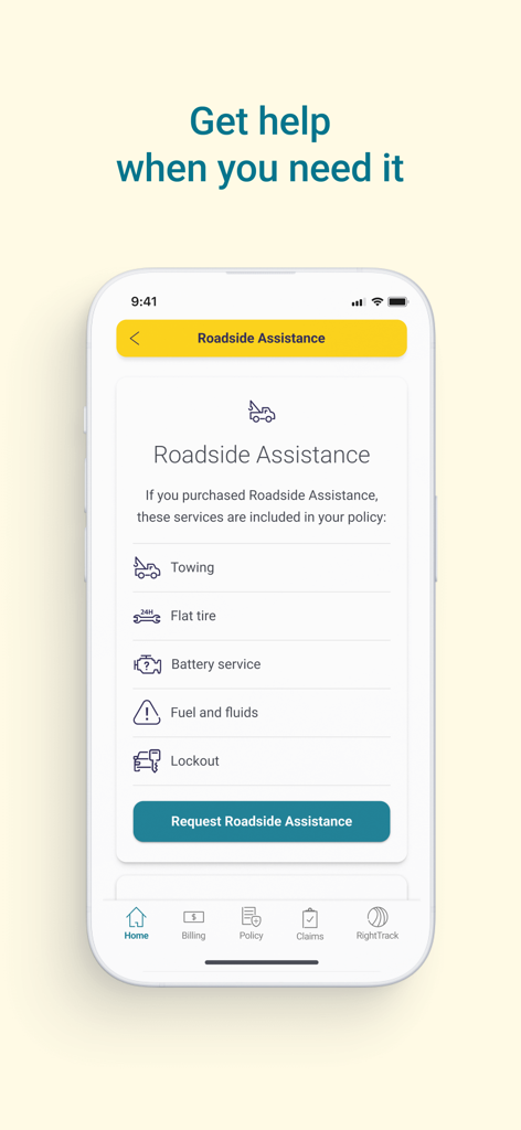 Liberty Mutual Mobile - Liberty Mutual Mobile app screen for requesting roadside assistance services including towing and flat tire help