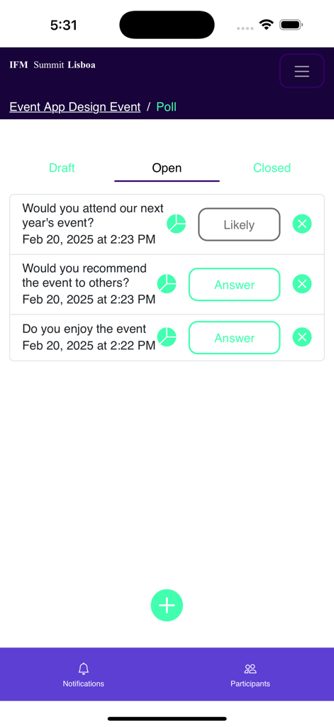 IFM Summit - Interface of the IFM Summit app showing an open polls section with questions about event satisfaction and recommendation.