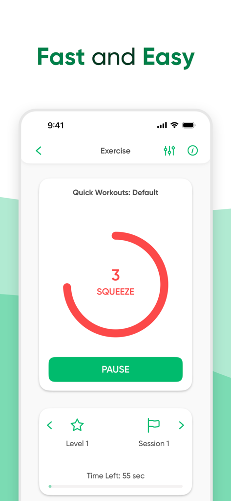Kegel Trainer PFM Exercises - Pantalla de ejercicio de la aplicación Kegel Trainer que muestra una instrucción de apretar y un temporizador de entrenamiento