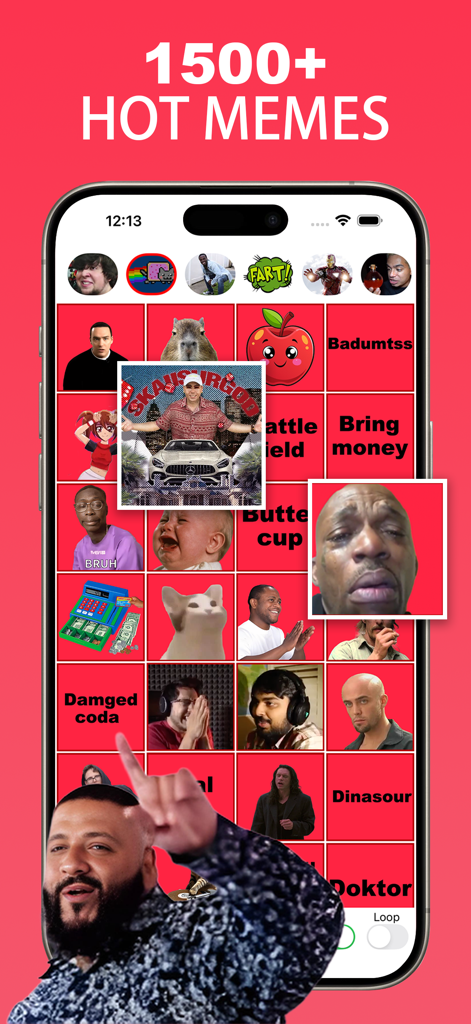 Meme Soundboard · Prank Sounds - Ein mobiler Bildschirm, der ein Raster beliebter Internet-Meme-Soundeffekte und Symbole aus der Meme Soundboard App zeigt.