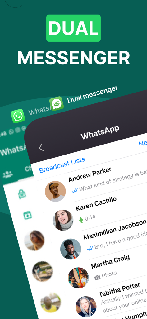 Dual Messenger - Duo Chat - さまざまな連絡先名とプロフィール画像を含むWhatsAppチャットリストを表示するデュアルメッセンジャーのインターフェース