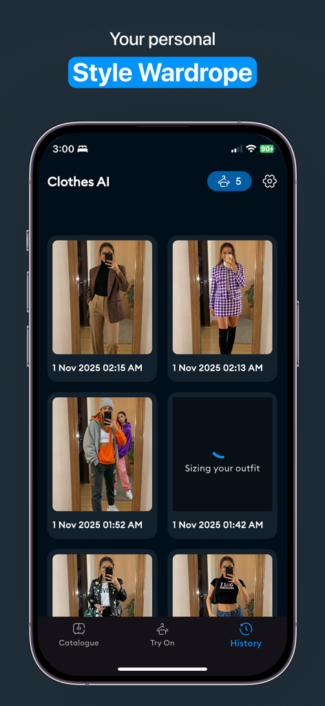 The history screen of the Clothes AI app displaying a grid of saved virtual outfit try-on photos.