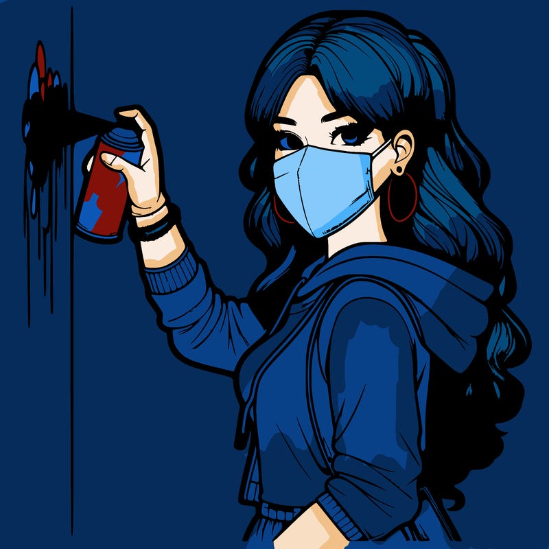 realistic girl with mask spray painting a wall