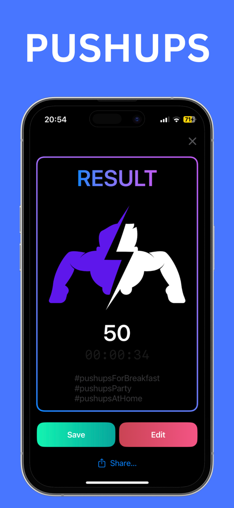 Pushup Tracker & musclebooster - Screenshot of the Pushup Tracker app showing a result of 50 pushups completed in 34 seconds.