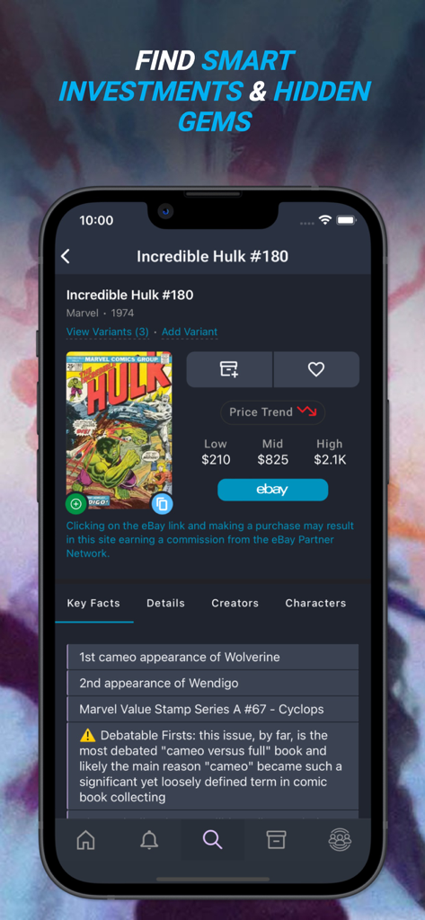 Interfaz de la aplicación Key Collector Comics que muestra precios y datos clave del número 180 de Incredible Hulk con el primer cameo de Wolverine