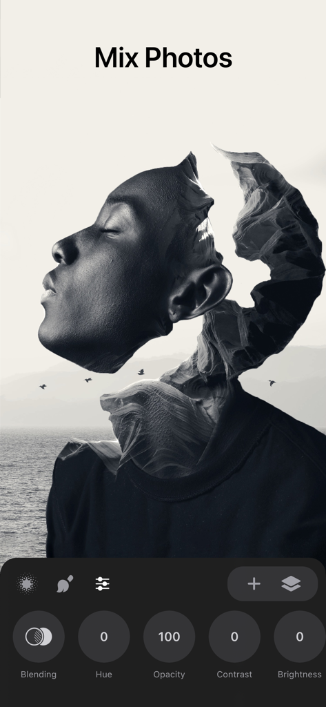 Trigraphy Photo Art Editor - A surrealistic black and white photo collage created using Trigraphy's Mix Photos feature.