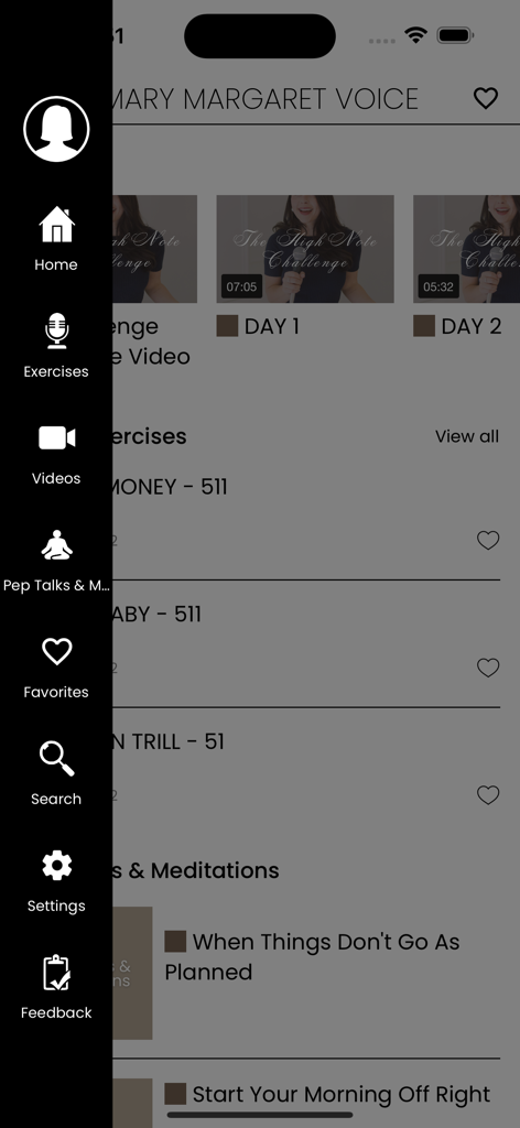 Mary Margaret Voice - The user interface of the Mary Margaret Voice singing app for women showing the side navigation menu and vocal exercises.