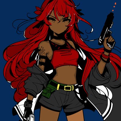 bad girl wearing crop top holding a gun long hair anime