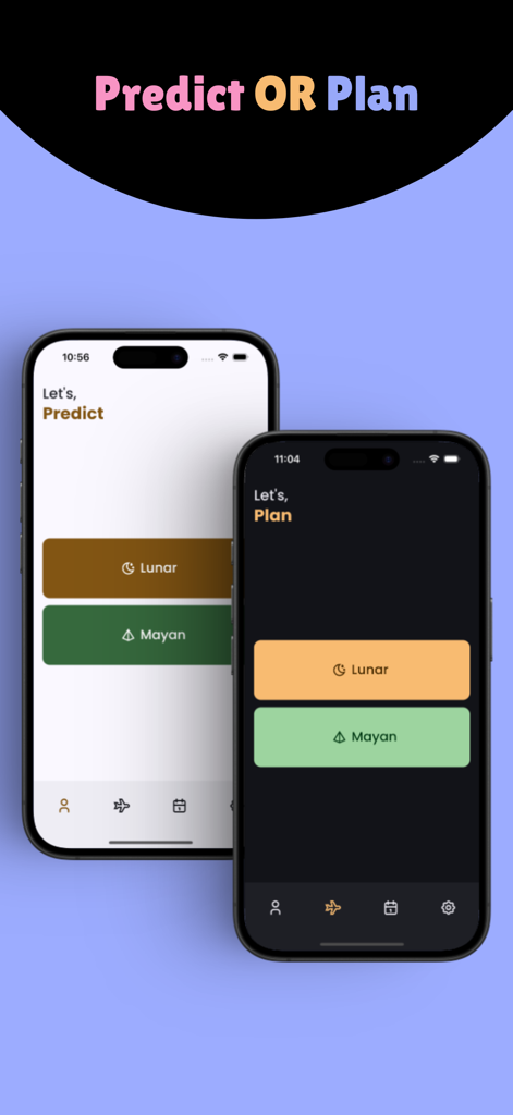 Beby: Predict and Plan - Two smartphones displaying the Beby app interface with options to predict or plan baby gender using Lunar and Mayan methods.