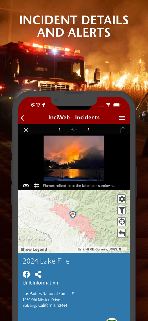 Fires: Wildfire News and Atlas - Mobile app interface displaying wildfire incident details including a map perimeter and photo of the 2024 Lake Fire