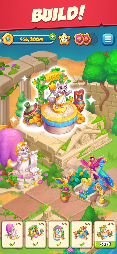 Uma captura de tela de Age of Coins Master of Spins mostrando a construção de uma época grega antiga com personagens guaxinim