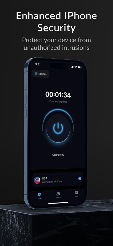 Pantalla de conexión VPN en iPhone para la aplicación Seguridad Global Anti-Hack mostrando una interfaz en modo oscuro.
