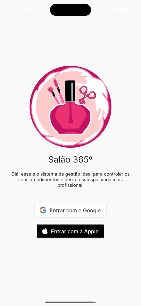 Pantalla de inicio de sesión de la aplicación Salão 365 con un logo de herramientas de belleza y opciones de inicio de sesión social para Google y Apple