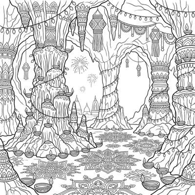 Journey into a magical cave adorned for Diwali with this stunning coloring page featuring intricate cave columns. Discover a festive scene brimming with glowing diyas, beautiful rangoli, and distant fireworks, perfect for adult and teen colorists.