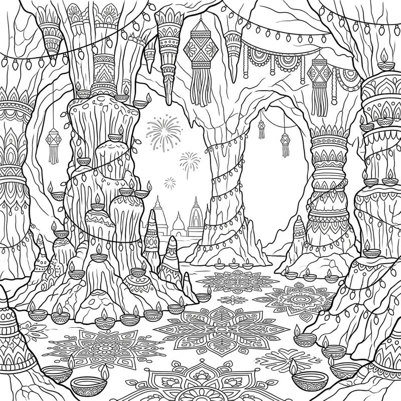 Journey into a magical cave adorned for Diwali with this stunning coloring page featuring intricate cave columns. Discover a festive scene brimming with glowing diyas, beautiful rangoli, and distant fireworks, perfect for adult and teen colorists.