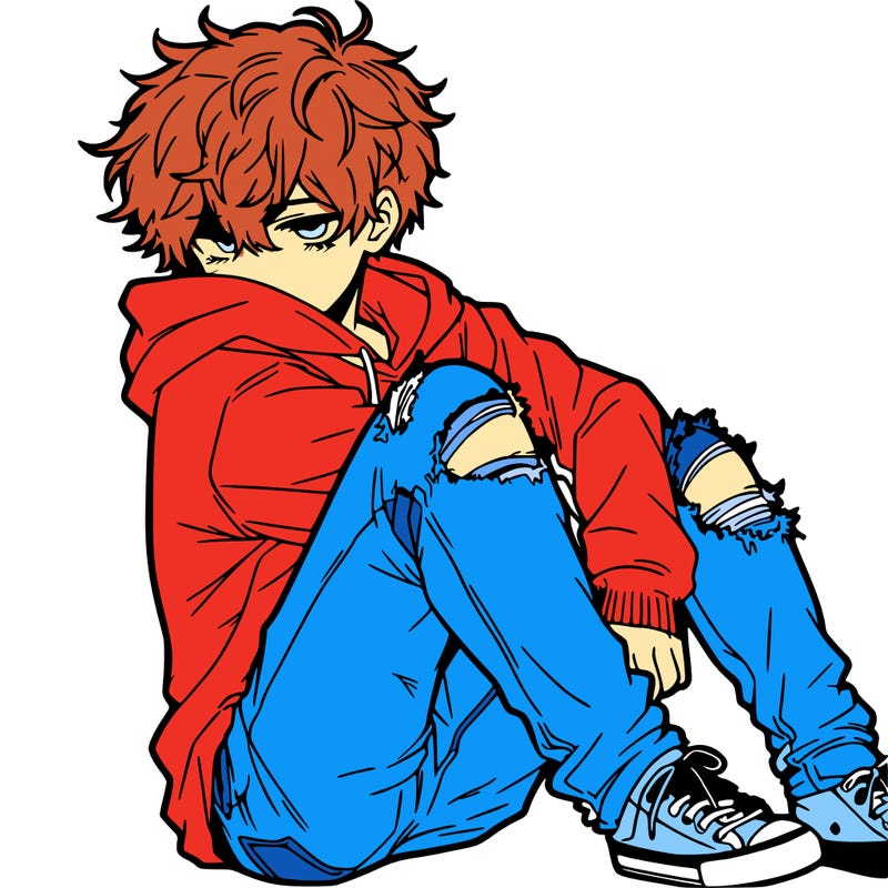 a male hoddie ripped jeans messy hair anime