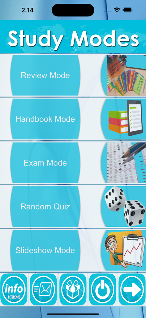 Interface of the Respiratory System Nursing Q&A app displaying various study modes like Review, Exam, and Random Quiz.