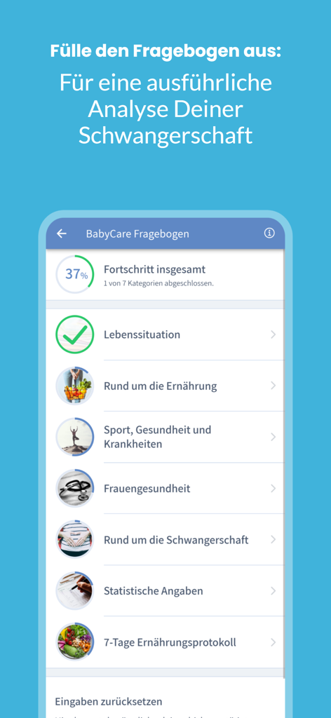 영양 및 신체 활동을 포함한 범주를 포함하는 포괄적인 임신 건강 설문지를 표시하는 BabyCare 앱 인터페이스