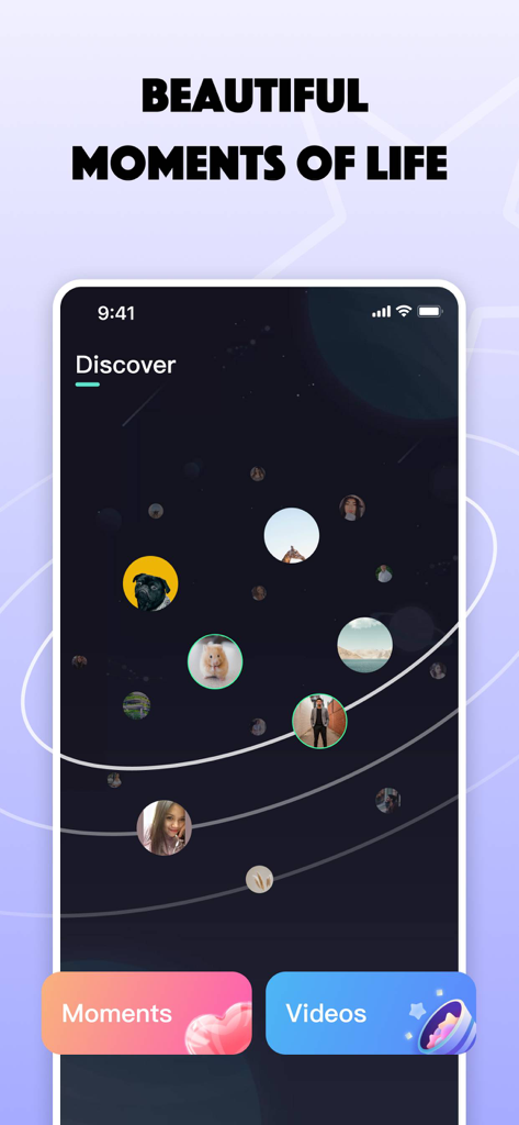 andu - andu app discover screen showing beautiful moments of life in a space themed interface