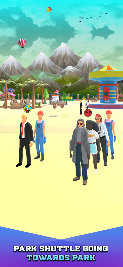 Bus Arrival Theme Park Games - Low-poly 3D characters in a colorful theme park with mountains and a carousel in the background