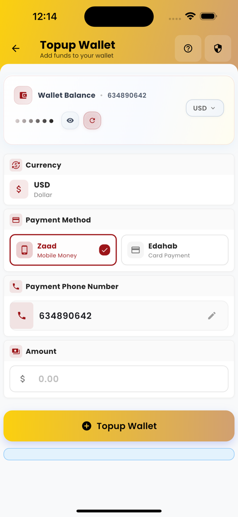 Sahal Transport - Sahal Transport app wallet top up screen featuring mobile money and card payment options