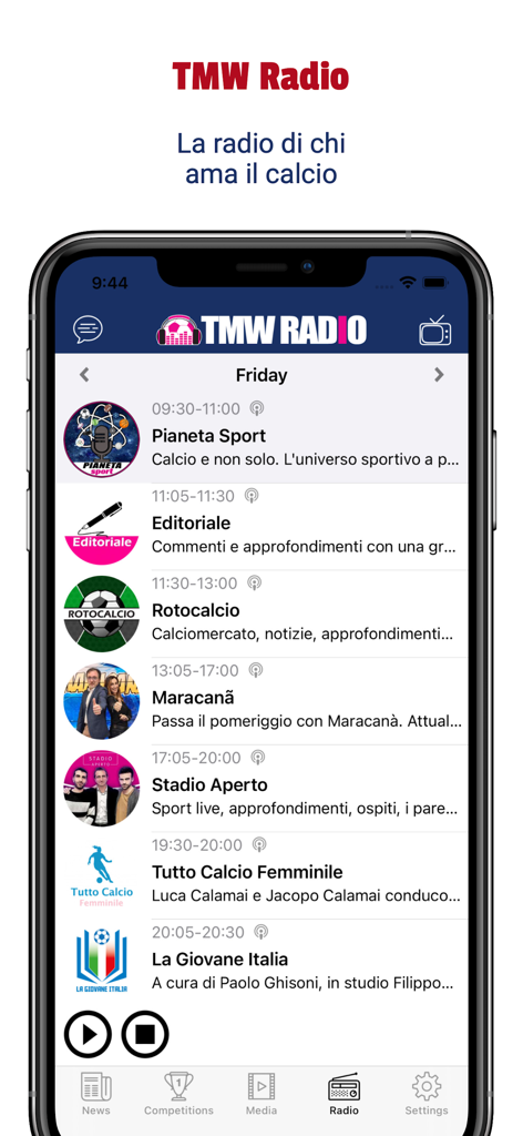 Tutto Cagliari - La pantalla del horario del programa de TMW Radio dentro de la aplicación Tutto Cagliari para noticias de fútbol italiano.