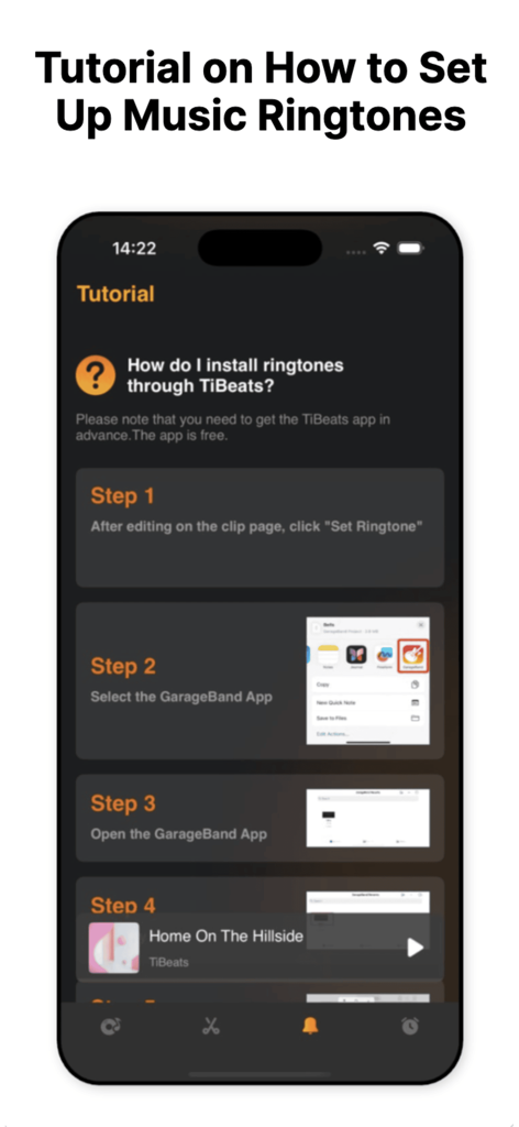 TiBeats: Music Player Offline - Una pantalla de tutorial paso a paso en la aplicación TiBeats que muestra cómo configurar tonos de llamada musicales personalizados en un iPhone.