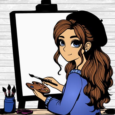 realistic girl artist painting a blank canvas