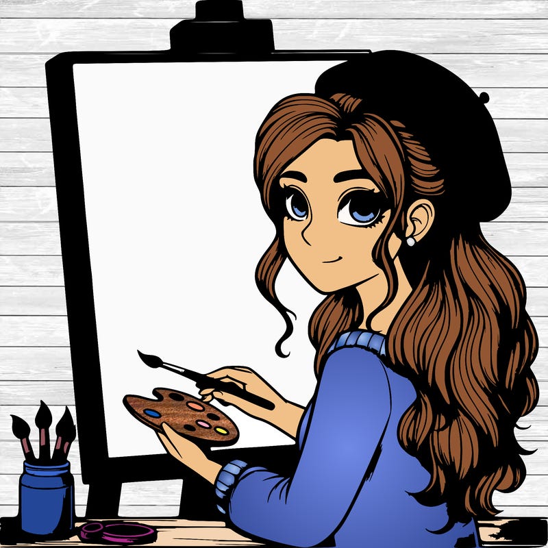 realistic girl artist painting a blank canvas