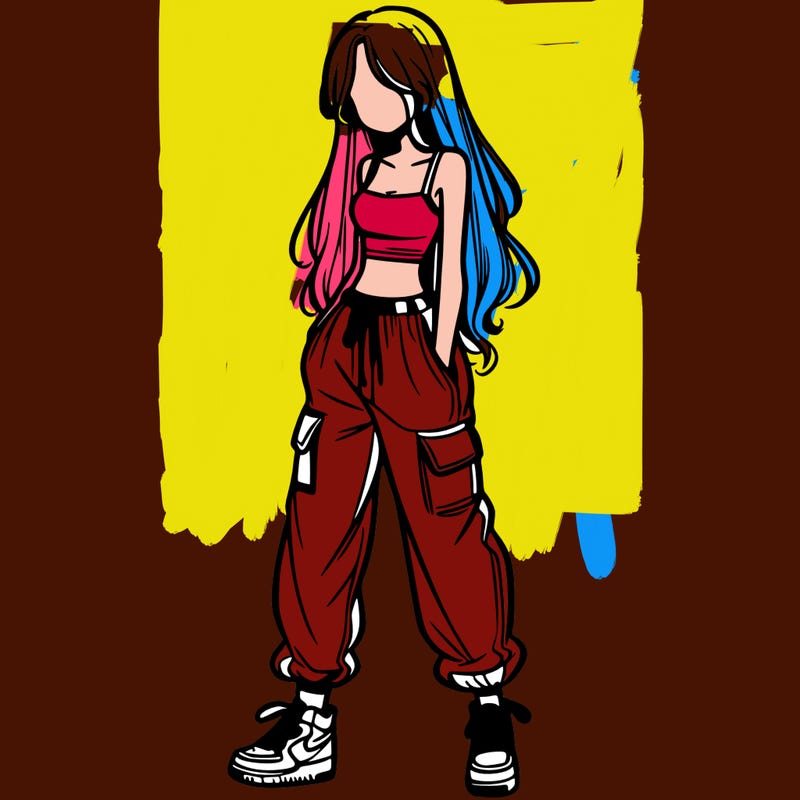 girl in baggy pants crop top and long hair