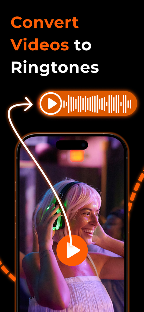 Any Ringtones - An iPhone interface showing the conversion of a video clip into a ringtone