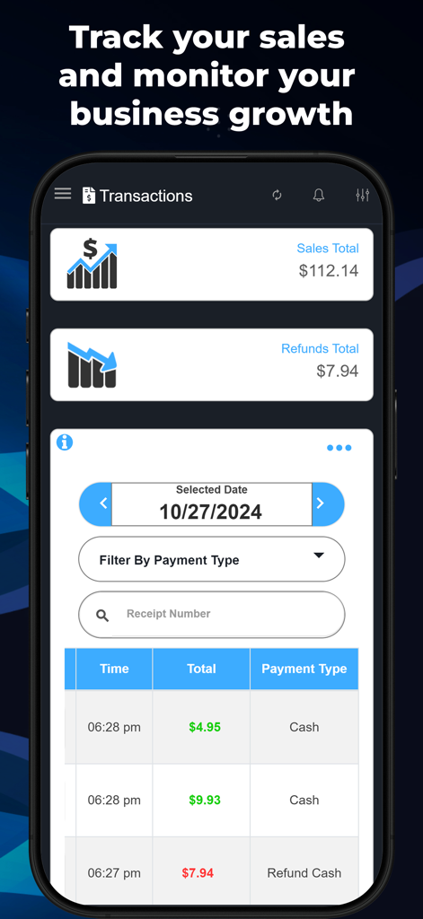M&M POS - Payments For Stripe - M&M POS app dashboard displaying daily sales totals, refunds, and detailed transaction history.