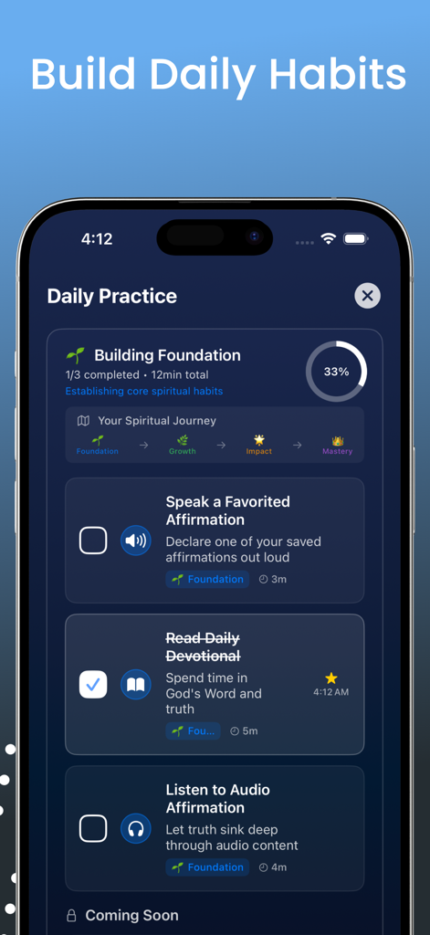 SpeakLife app interface showing a daily practice checklist for spiritual habits including Bible affirmations and devotionals