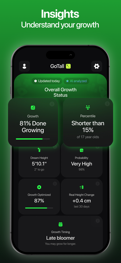 GoTall app dashboard showing height growth progress and prediction metrics