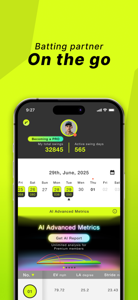 b4-app: AI Batting Partner - Dashboard of the b4-app showing baseball swing statistics and AI analytics