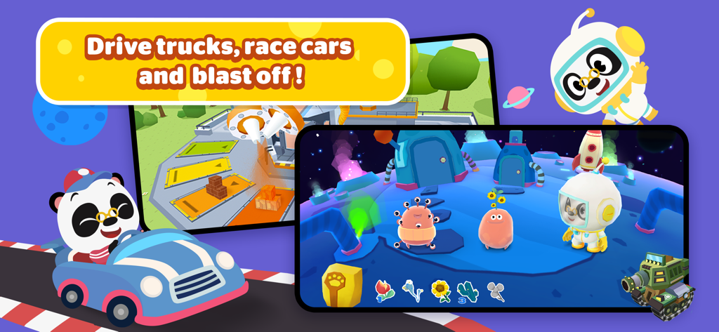 Dr. Panda Classics - Dr. Panda driving a blue race car and appearing as an astronaut on a moon with aliens.