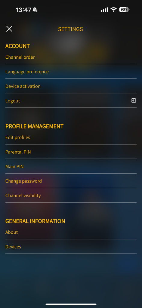SBC+ - Settings menu of the SBC+ mobile app showing account and profile management options