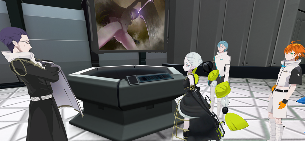 ALTDEUS: Beyond Chronos - Group of anime-style characters standing around a futuristic control console in ALTDEUS Beyond Chronos