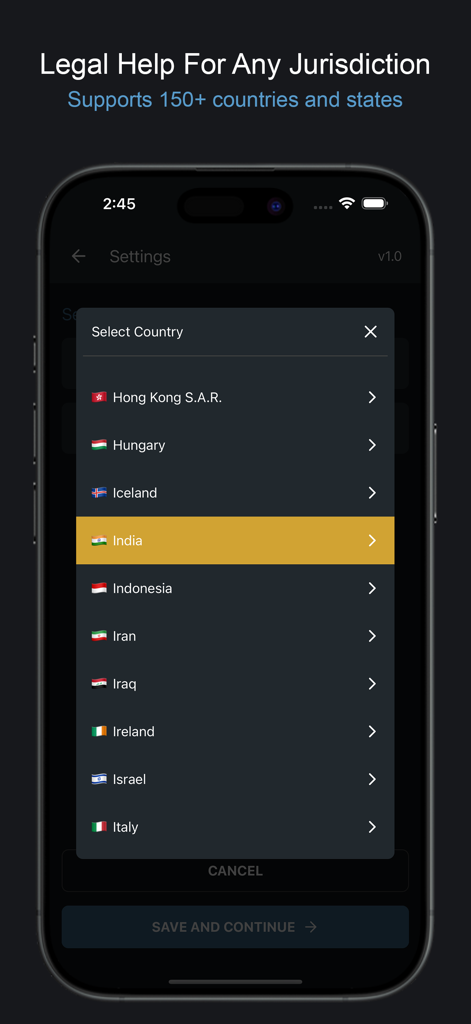 AI Lawyer: Legal Assistant - Interfaccia dell'app Avvocato IA che mostra un elenco di oltre 150 paesi e stati per assistenza legale specifica per giurisdizione