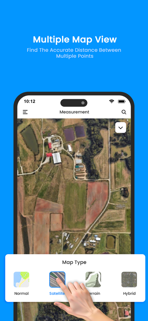 Gps Area Calculator: Land Calc - Tela do smartphone mostrando diferentes opções de visualização de mapa, incluindo satélite e terreno para medição de terreno.