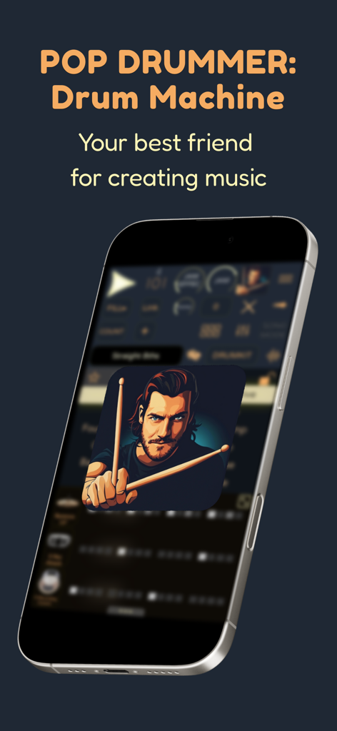Smartphone screen displaying Pop Drummer Real Drum Machine app with a stylized drummer illustration