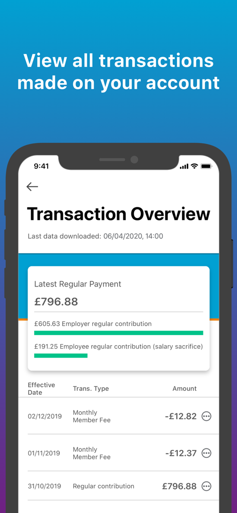 Track My Pension - Transaction overview screen in the Track My Pension app showing recent payments and contribution breakdown