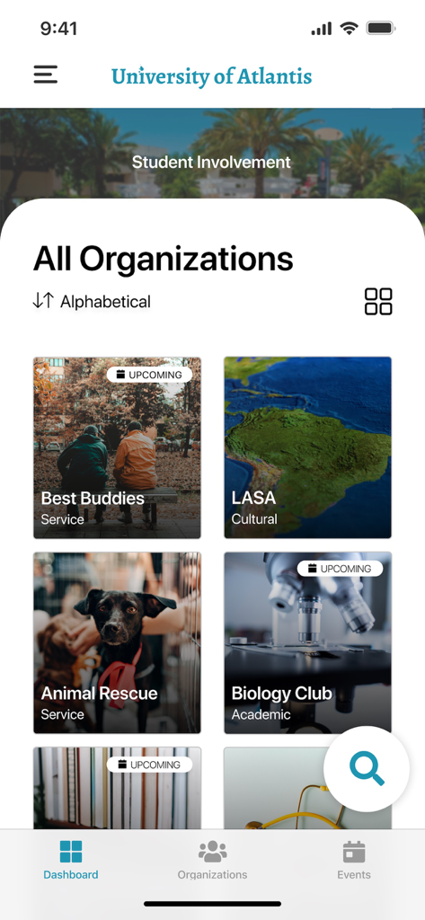Modern Campus Involve - Modern Campus Involve mobile app interface displaying a list of campus organizations like Best Buddies and Animal Rescue for the University of Atlantis