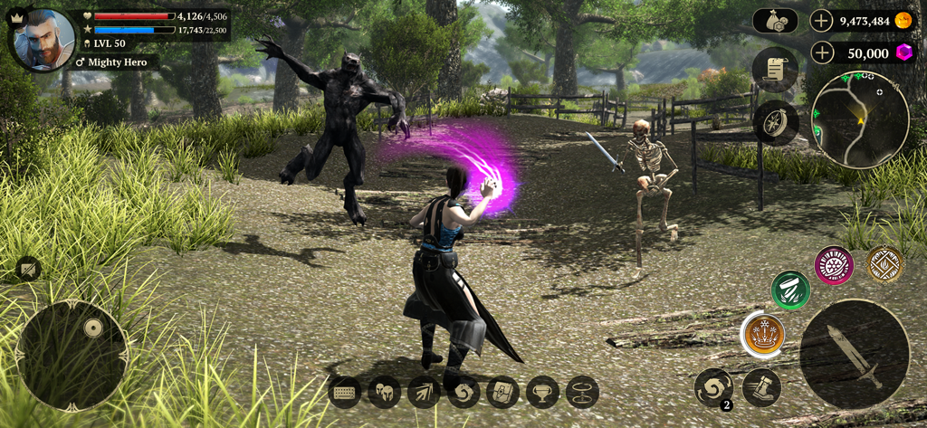 Evil Lands: Epic MMORPG game - Una maga lancia magia contro un lupo mannaro e uno scheletro in un lussureggiante ambiente forestale all'interno di Evil Lands MMORPG.