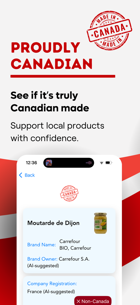 Proudly Canadian: Shop Canada - Pantalla de la aplicación Orgullosamente Canadiense mostrando la verificación del origen del producto para un artículo de compra.