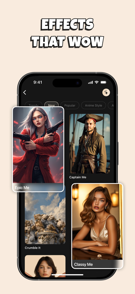 Pika Art - AI Video Effects - Interfaz de la aplicación Pika Art que muestra una galería de efectos de vídeo de IA de moda y transformaciones de personajes.