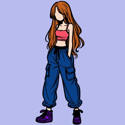 girl in baggy pants crop top and long hair