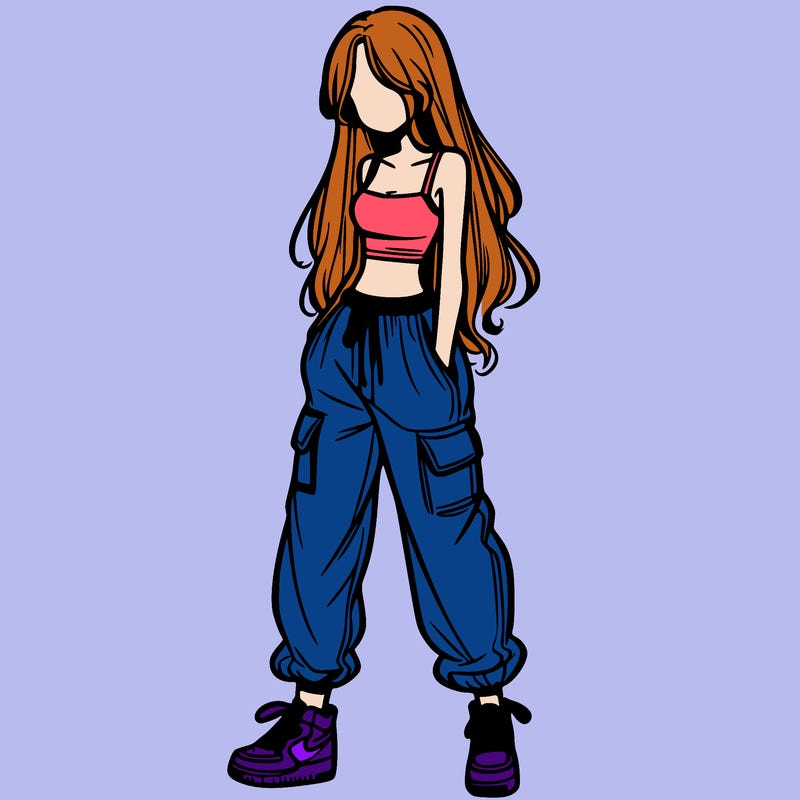 girl in baggy pants crop top and long hair
