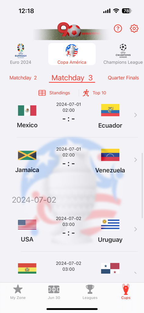 90MIN - 90MIN app mostrando el calendario de la Jornada 3 de la Copa América, incluyendo México vs Ecuador y EE. UU. vs Uruguay