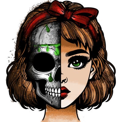 realistic girl with half skull mask